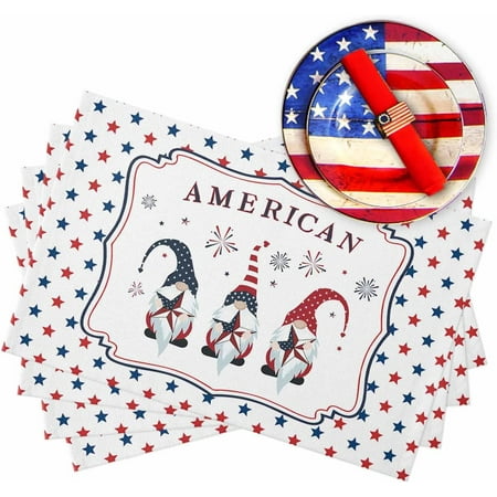 

Placemats Set of 4 Washable Independence Day 4th of July Placemat for Dining Table Decorations Heat-Proof Table Mats for Kitchen Dinner Banquet Cute Gnome Patriotic American Flag