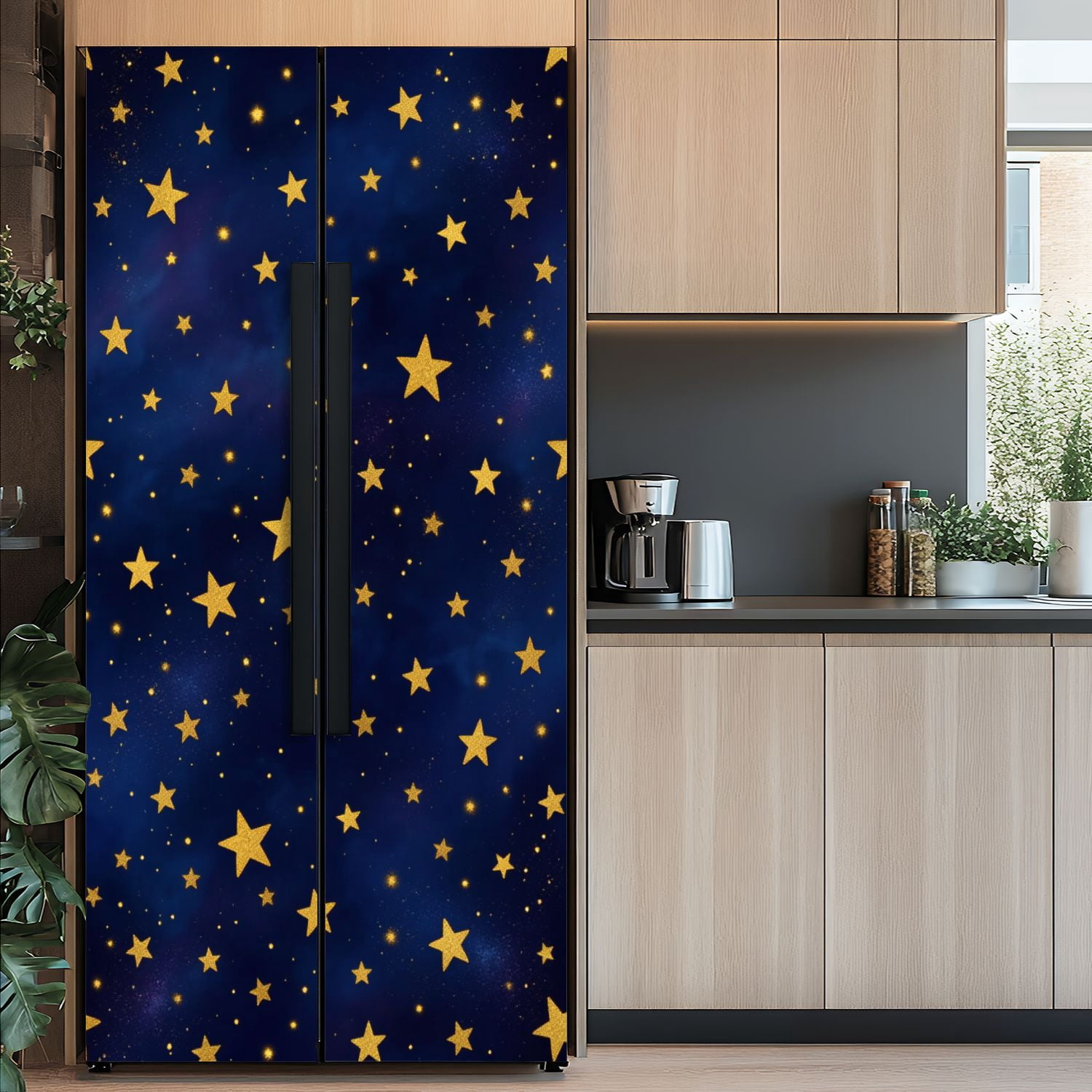 Self Adhesive Vinyl Refrigerator Wrap Set Golden Stars Deep Blue Night Sky Door Mural Removable Fridge Sticker Peel and Stick&nbsp;Full Door Cover Decal Kitchen Bar Decor