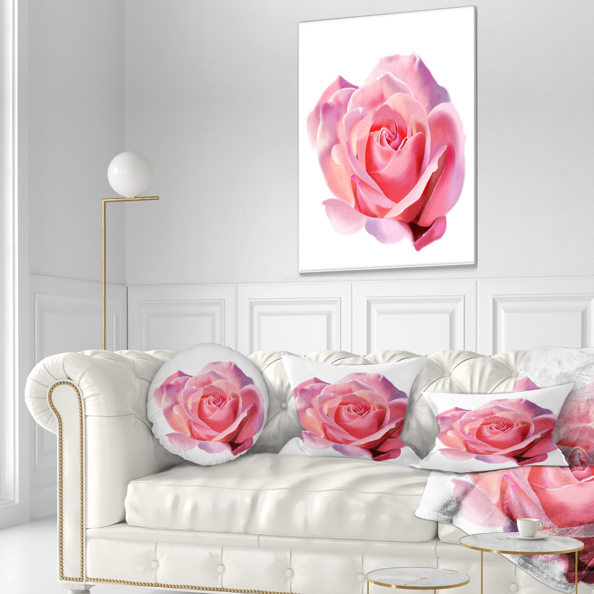 Designart Pink Rose Sketch on White Background - Flowers Throw Pillowwork - 12x20