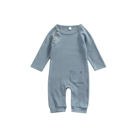 

Canrulo Newborn Infant Baby Girl Boy Romper Jumpsuit Long Sleeve Solid Ribbed Fall Winter Clothes Blue 12-18 Months