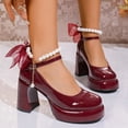 thumbnail image 2 of SCHUHLAND Elegant Wine Red Mary Jane Pumps for Women, Chunky 9cm Platform High Heels, Pearl Ankle Strap, Bowtie Detail, 2 of 16