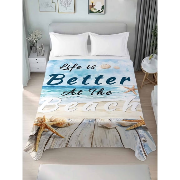 Summer Coastal Beach King Size Flat Sheet, Wrinkleproof & Fadeproof Cooling Flat Bed Sheet Only, Ocean Wave Starfish Shell Breathable Soft Bedding Top Sheets 105 x 98 Inches