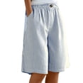 thumbnail image 2 of Womens Bermuda Shorts Knee Length Wide Leg Linen Long Shorts with Pockets Summer Casual Elastic High Waist Short Pants Blue 2XL, 2 of 5