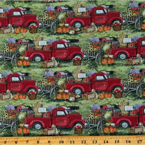 Cotton Red Trucks Apples Pumpkins Sunflowers Thanksgiving Fall Autumn Harvest Truck Multicolor Cotton Fabric Print by the Yard (77523-D650715)