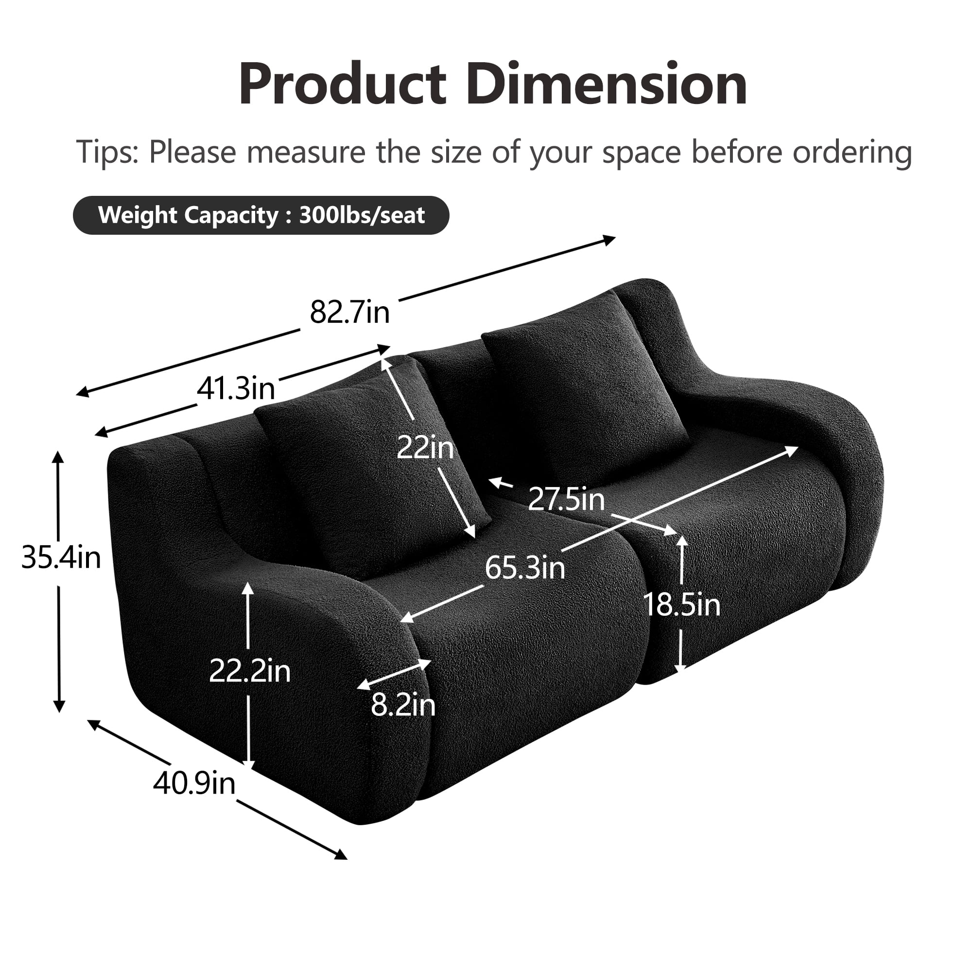 Aukfa 83" Boneless 2-Seater Modular Sectional Sofa, 27.5" Deep Seat, Teddy, Black