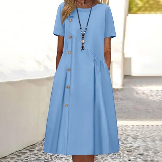 Mefallenssiah Robe Décontractée Mode Femme Printemps Été Manches Courtes Col Rond Hauteur Genou
