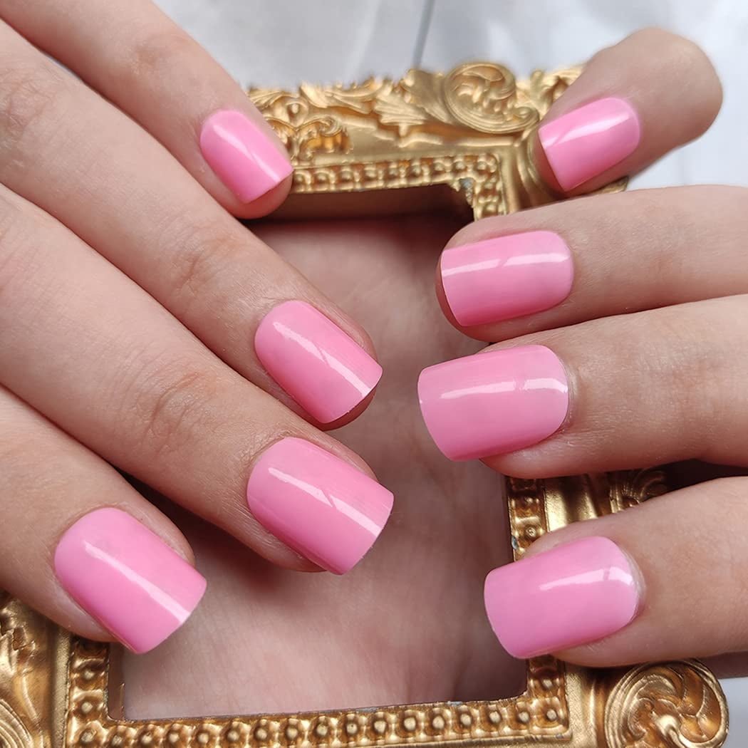 Kscd Square Fake Nails Pink Short Press On Nails Glossy False Nails Tips Solid Color Acrylic Nails Full Cover Clip On Nails Art Accessories Party Stick On Nails For Women And Girls 24pcs