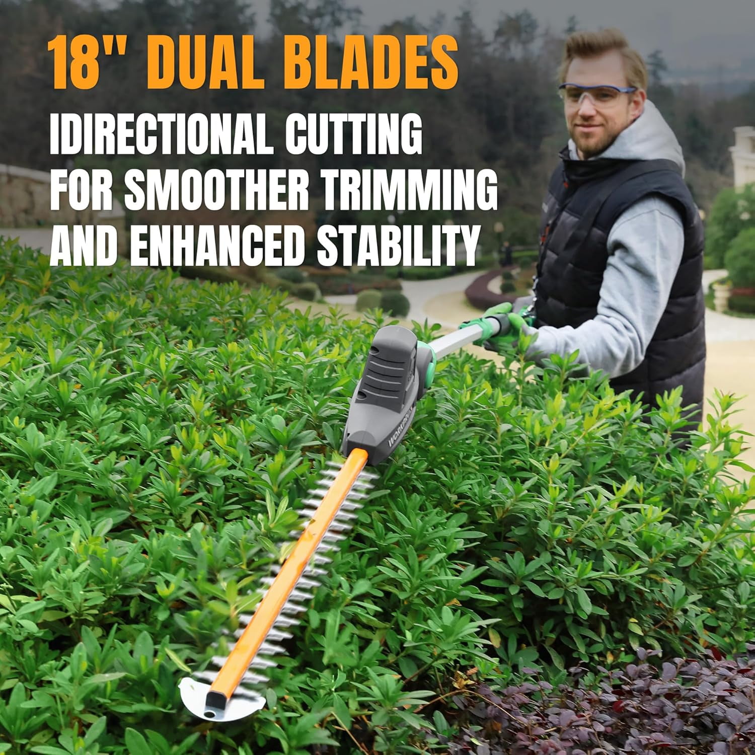 WORKPROX 20V Cordless Pole Hedge Trimmer, 9.2 ft Reach, 11-Angle Adjustable Head with Extension Pole, 2.0Ah Battery Included