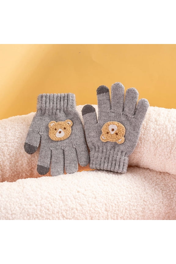 Childrens Kids Boys Girls Gloves Knitting Five Fingered Design Cute Cartoon Beer Stretchy Keep Warm for Outdoor Activities Thermal Winter Gloves Blue