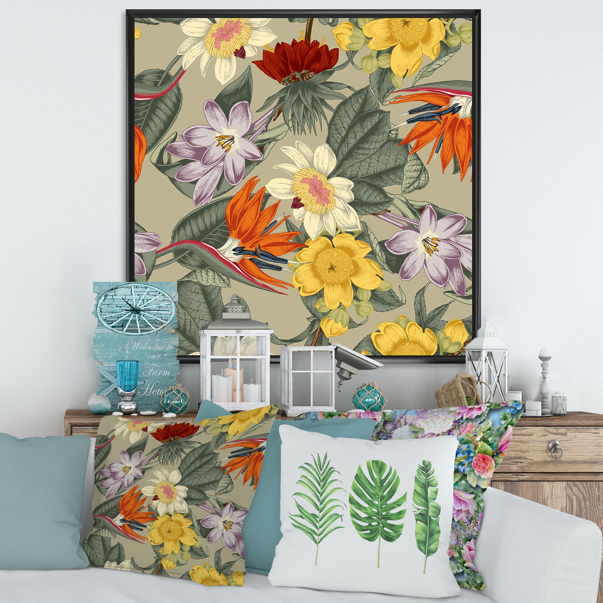 Designart 'Ancient Exotic Flowers In Orange and Yellow' Traditional Framed Canvas Wall Art Print