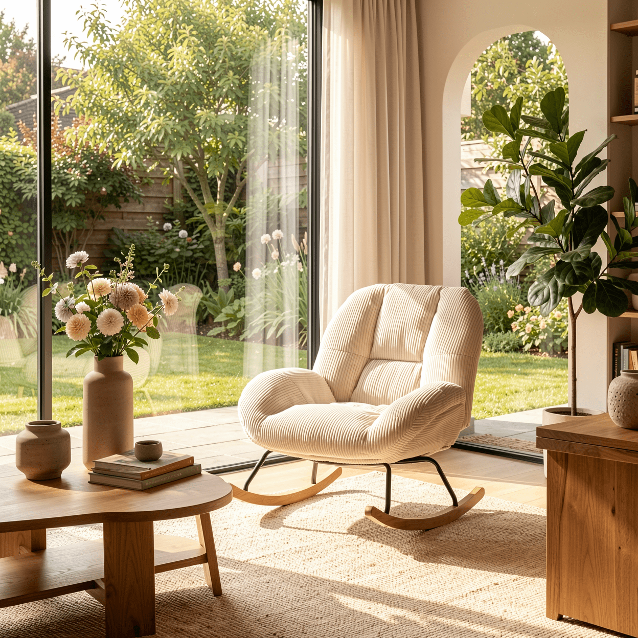 Homy Casa Corduroy Rocking Accent Chair with Solid Wood Base, Lounge Chair for Living Room, Bedroom, Reading Corner
