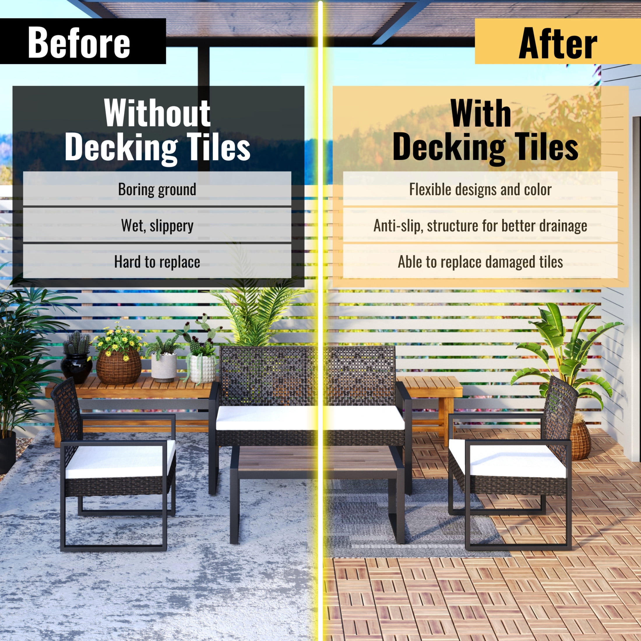 Noble House 12" Checker Acacia Wood Interlocking Deck Tiles, All-Weather Square Hardwood Floor, Yellow, 20 PCS