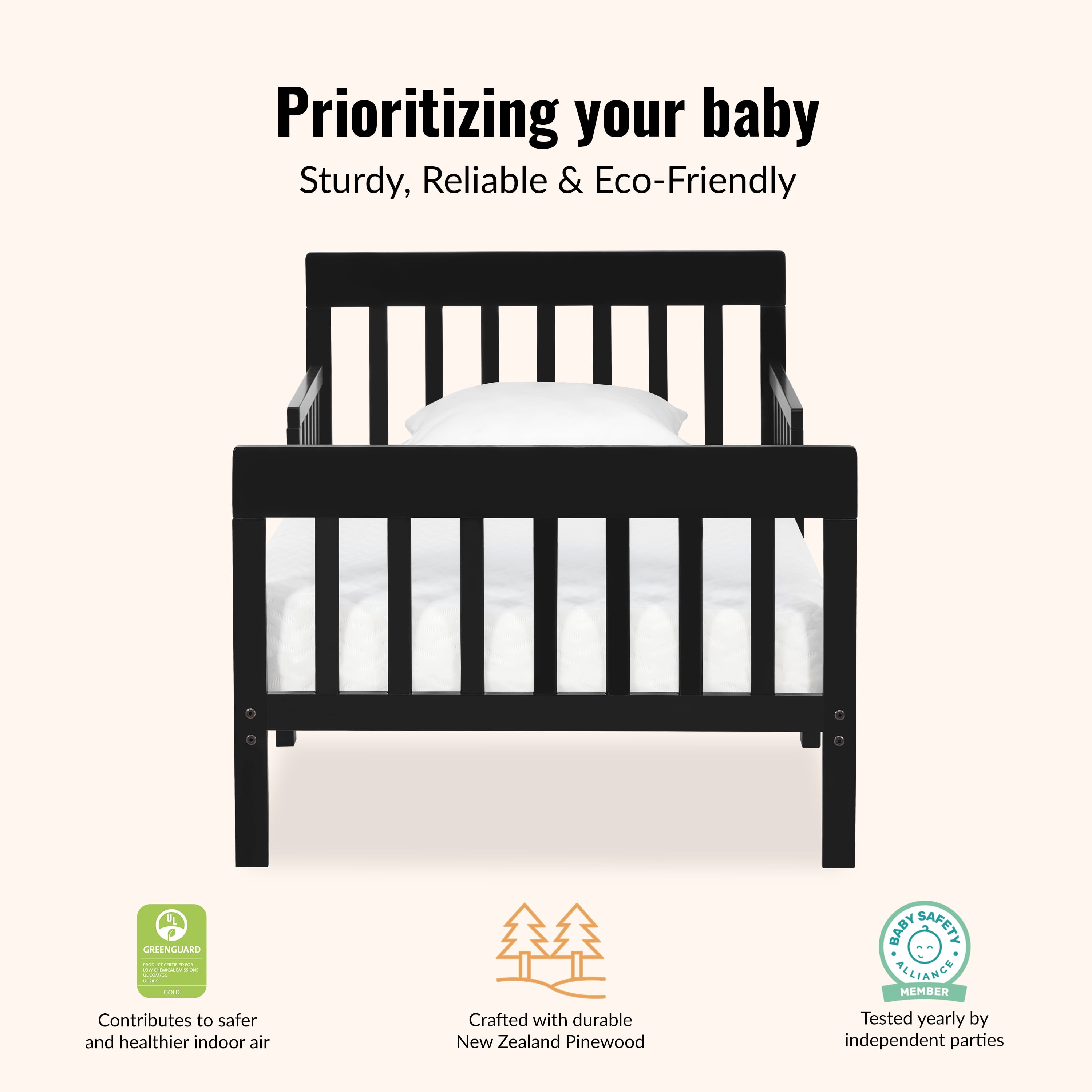 Dream On Me Finn Toddler Bed, Black, Pinewood, Certified Safe