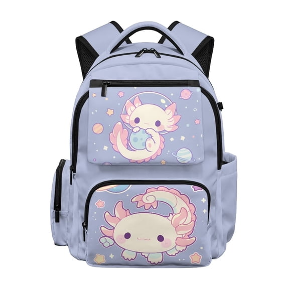 Jeiento Space Axolotl Kids School Backpack 17 Inch Water-Resistant Large Capacity Multi-Pocket Bookbag for Elementary Girls, for Back to School Supplies, Travel & Hiking