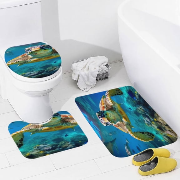 Nautical Green Sea Turtles Bathroom Mats Set of 3 Pieces，Non Slip Non Slip Mats, Washable Mats, Decorative Carpets for Bathrooms, Kitchens, And Bedrooms.