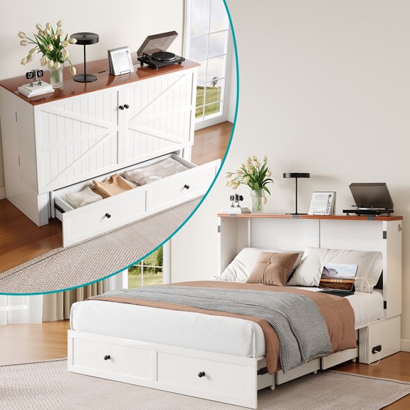 BALUS Queen Size Murphy Bed Queen with Storage, Folding Bed with Charging Port, White(No Mattress)