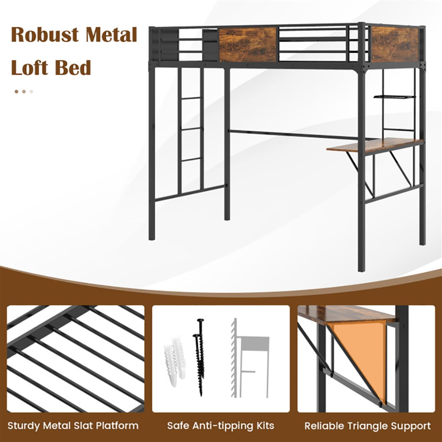 Demi Bonn Twin Size Industrial Metal Loft Bed with Desk Storage Shelf and Build-in Ladder for Teens, Black