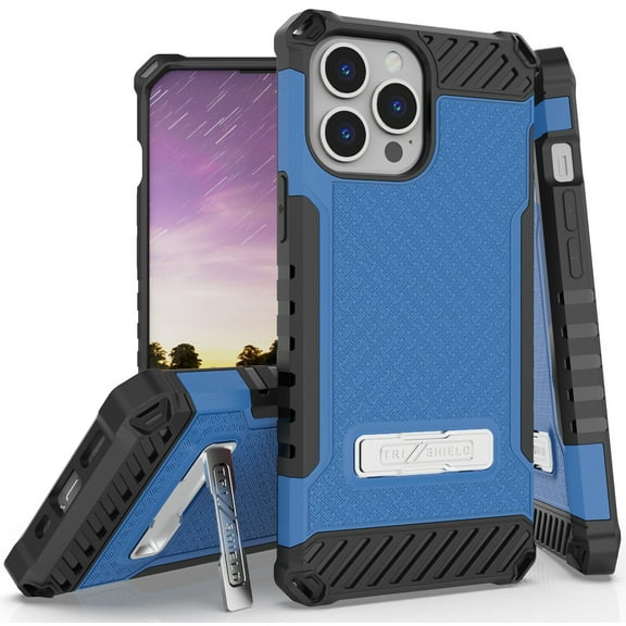 Tri-Shield Series for iPhone 13 Pro Max Case, Tri-Shield [Military Grade] Rugged Cover with Metal Kickstand [Includes Wrist Strap Lanyard] - Blue