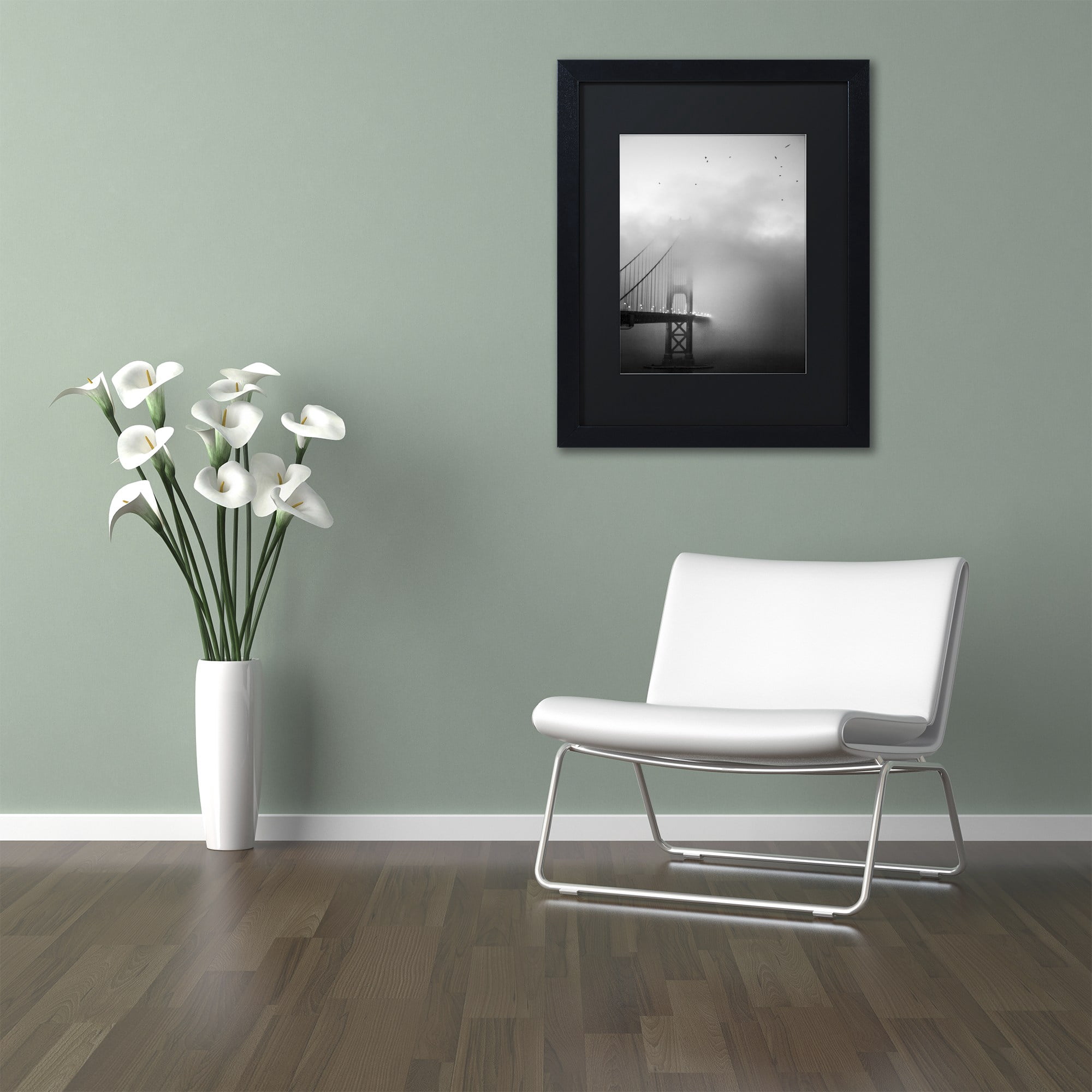 Trademark Fine Art "Golden Gate and Birds" Canvas Art by Moises Levy Black Matte, Black Frame