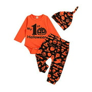 Oklady My First Halloween Outfits Infant Baby Boy Girl Halloween Long Sleeve Romper Bodysuit Pumpkin Pants with Hat Clothes Sets
