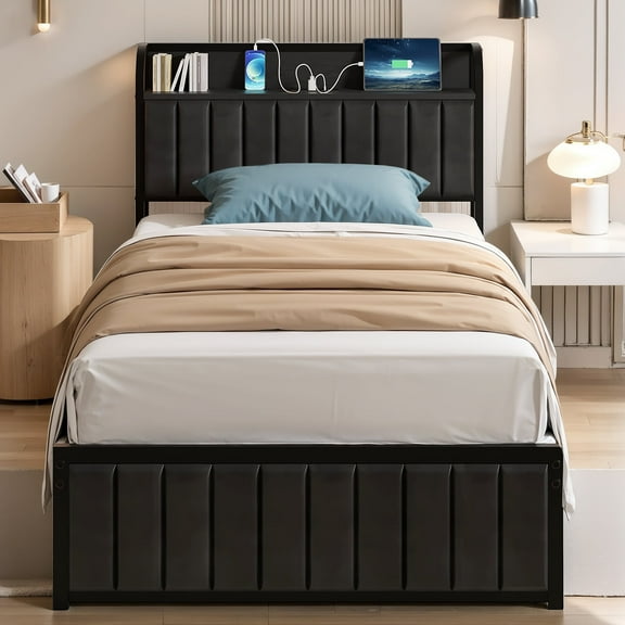 VECELO Twin Size Bed, Metal Frame Platform Bed Frame, PU Leather Upholstered Headboard with Storage Charging Station, No Box Spring Needed, Sturdy for Bedroom, Black