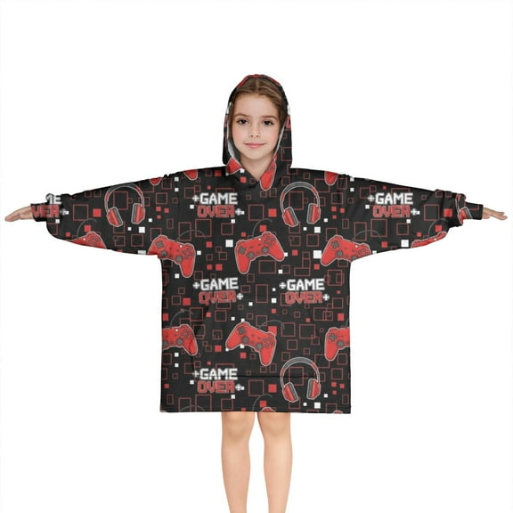 Red Controllers Games Icons Black Pattern Blanket Hoodies for Kids 6-13YR Oversize Wearable Blanket Hoodies for Boys Girls Teens