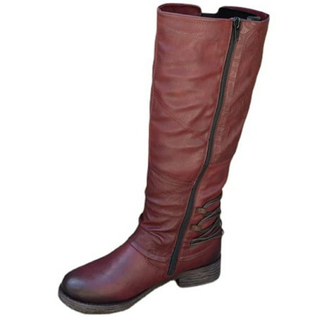 

Difumos Women Bike Bootie Chunky Riding Boots Mid Heel Slouch Boot Casual Lightweight Winter Shoes Non Slip Zip Up High Calf Booties Red 7.5