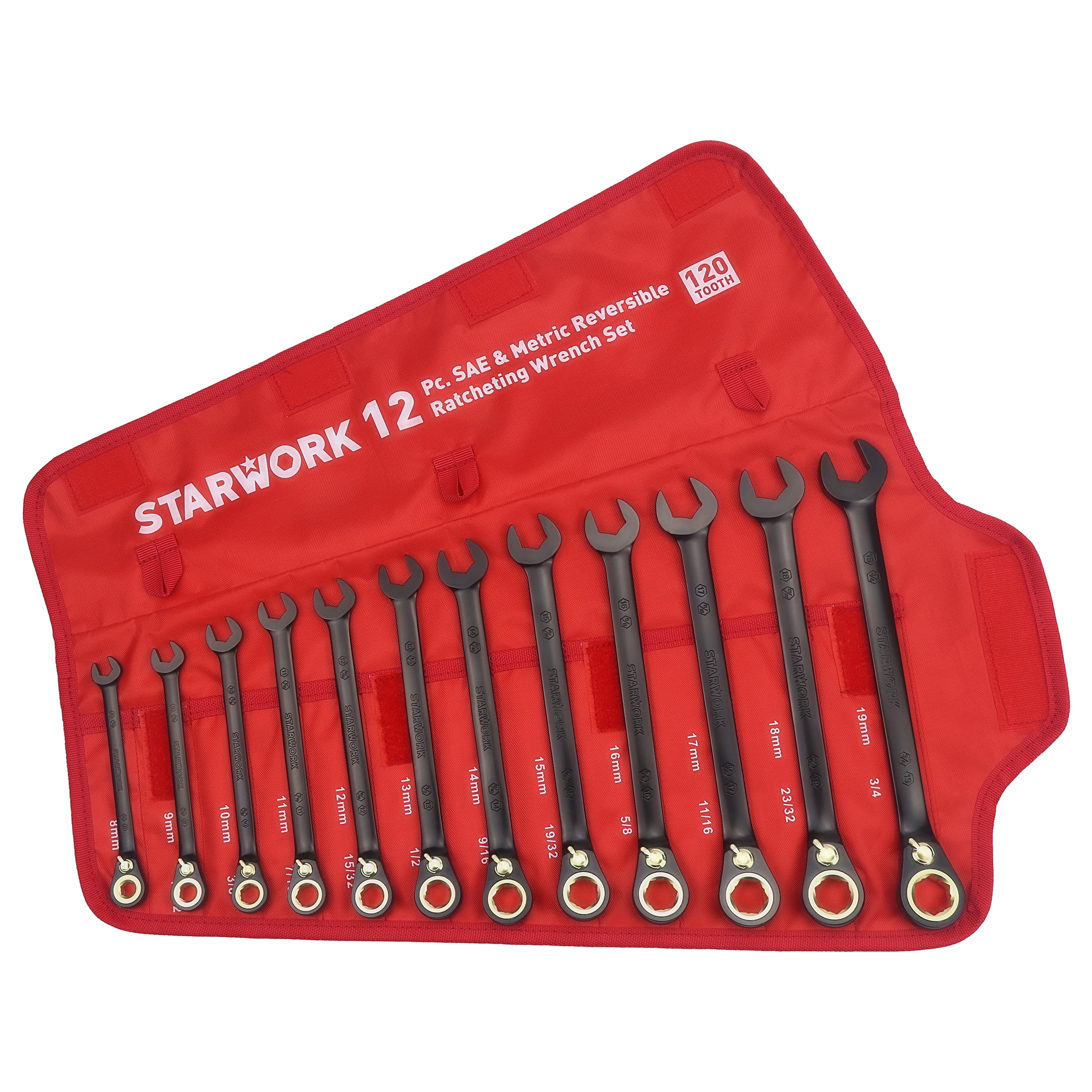 STARWORK TRUE MECHANIC™ 12Pc. 2-IN-1, 120T Reversible Ratcheting Wrench Set, Long Pattern, Professional, With Portable Roll-Up Pouch Bag