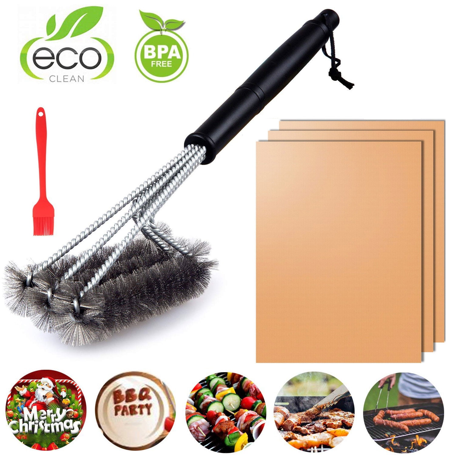 Copper Grill Mats Set of 3 NonStick Reusable + 18" Grill Brush