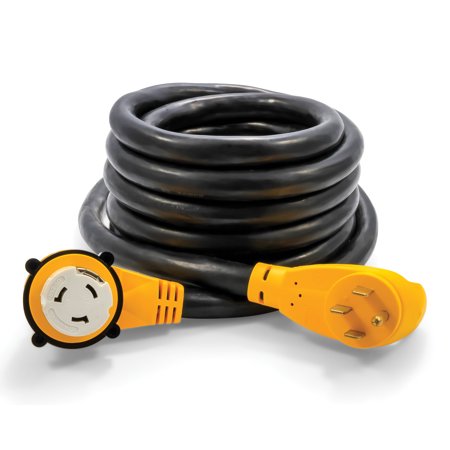 Camco 55574 PowerGrip 25 Foot Long 50 Amp RV Power Cord Cable with 50 Amp Male Plug and 50 Amp Female 90 Degree Locking Adapter