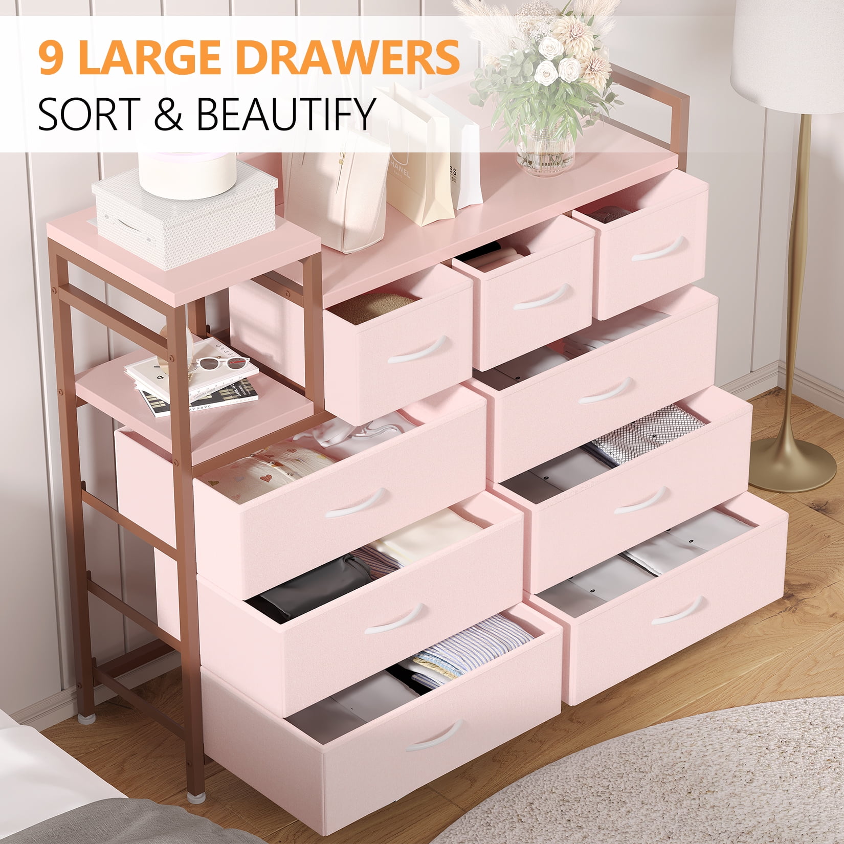 9-Drawer Storage Bedroom Dresser TV Stand with Built-in Charging Station, Multi-Functional for Kids Room & Apartments, Tall Organizer, Pink