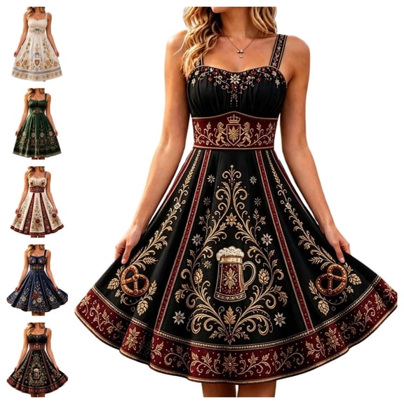 Levmjia Women's Oktoberfest Dress Sleeveless Square Neck Midi Dress German Beer Festival Print Corset Waist A Line Flared Skirt Casual Summer Dress