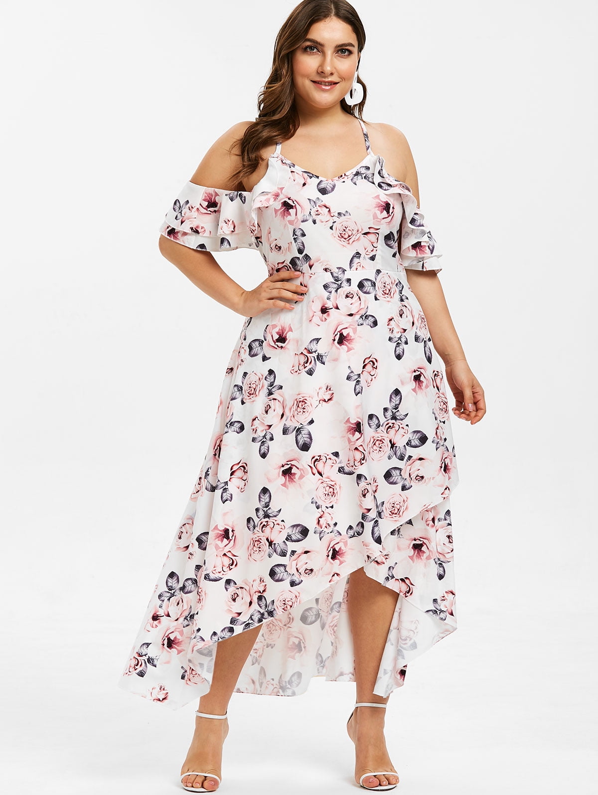 Milumia Plus Size Short Sleeves Wrap V Neck Belted Empire Waist Asymmetrical High Low Bohemian Party Maxi Dress Blue 3XL