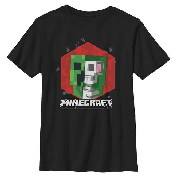 Boys Minecraft Creeper Skeleton Brain Red Badge T Shirt