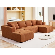 COOLHUT 136.2" U Shaped Sofa Couch, 4-Seater Sectional Plush Fabric Sofa with 4 Waist Pillows, Deep Seat Large Couch with Double Chaise Lounge No Assembly for Living Room, Red Brown