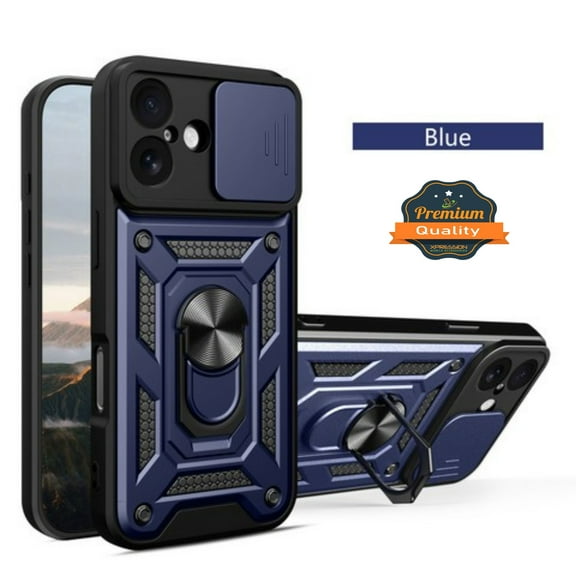 For Apple iPhone 17 Heavy Duty Case with Magnetic Ring Stand & Sliding Camera Protector [Blue]