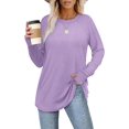 thumbnail image 2 of Womens Casual Long Sleeve Round T Shirts Blouses Sweatshirt Crewneck Pullovers Color Block Long Sleeve Side Split Tunic Tops, 2 of 4