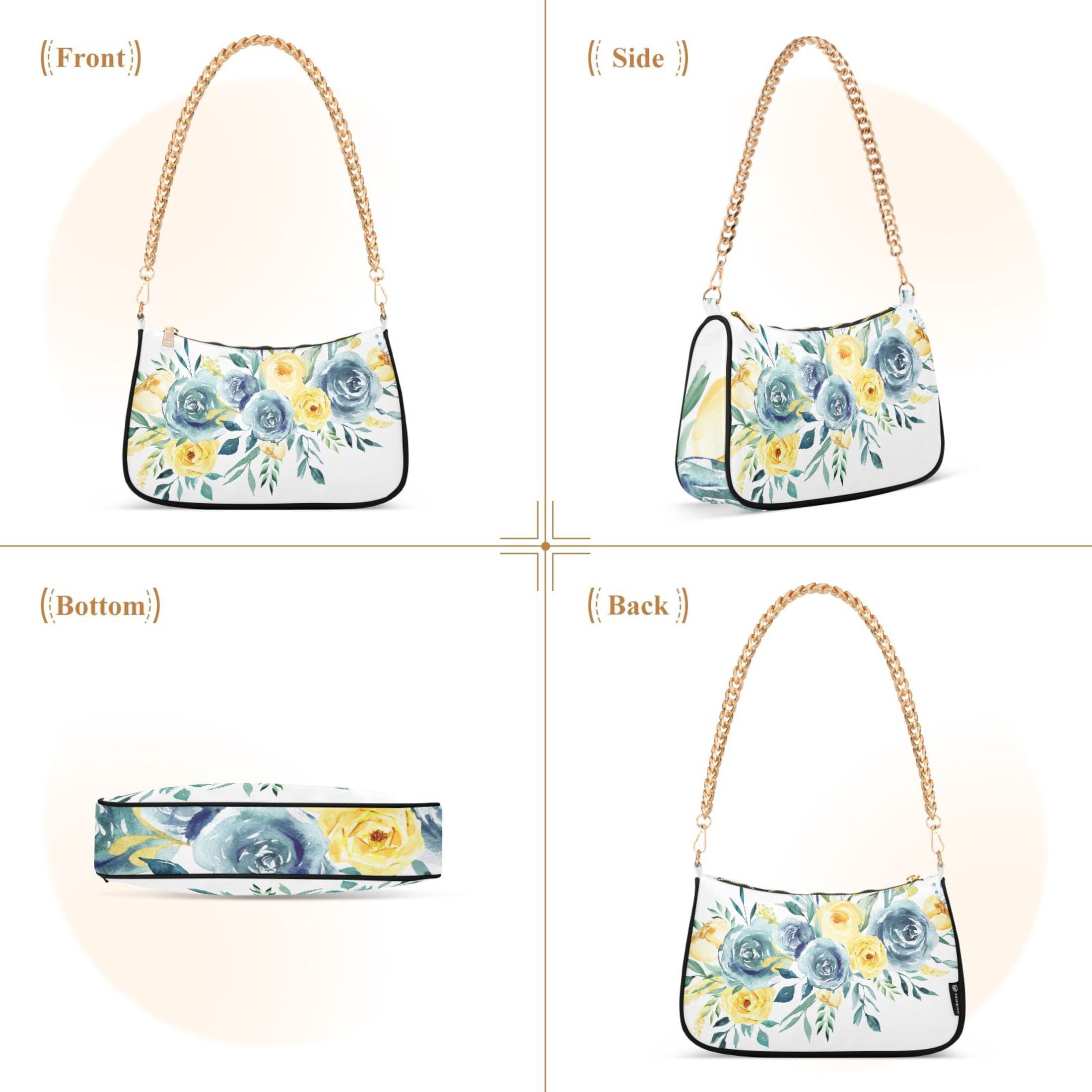 Turquoise Teal Yellow Boho Flowers Womens Chain Shoulder Bag Tote Handbag Clutch Hobo Purse with Zipper for Travel Casual