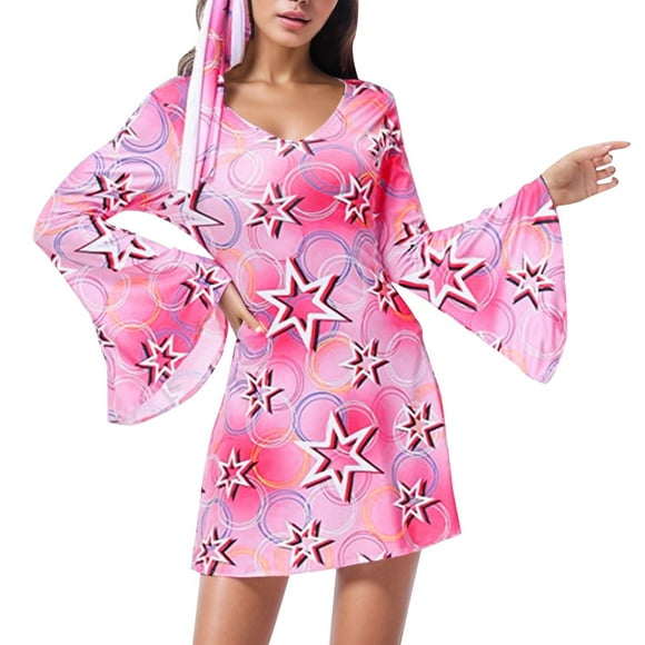 Stylish Women's Casual Dress - Halloween Fall Printed 70s Hippie Disco Design for Everyday Wear