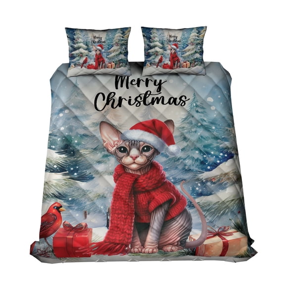 Merry Christmas Sphynx Enjoys Catmas Winter Xmas Holiday Quilt Bedding Set Cat Lover Kitten Owner Gifts Idea 1 Blanket Bed Cover 2 Pillowcases - 02022