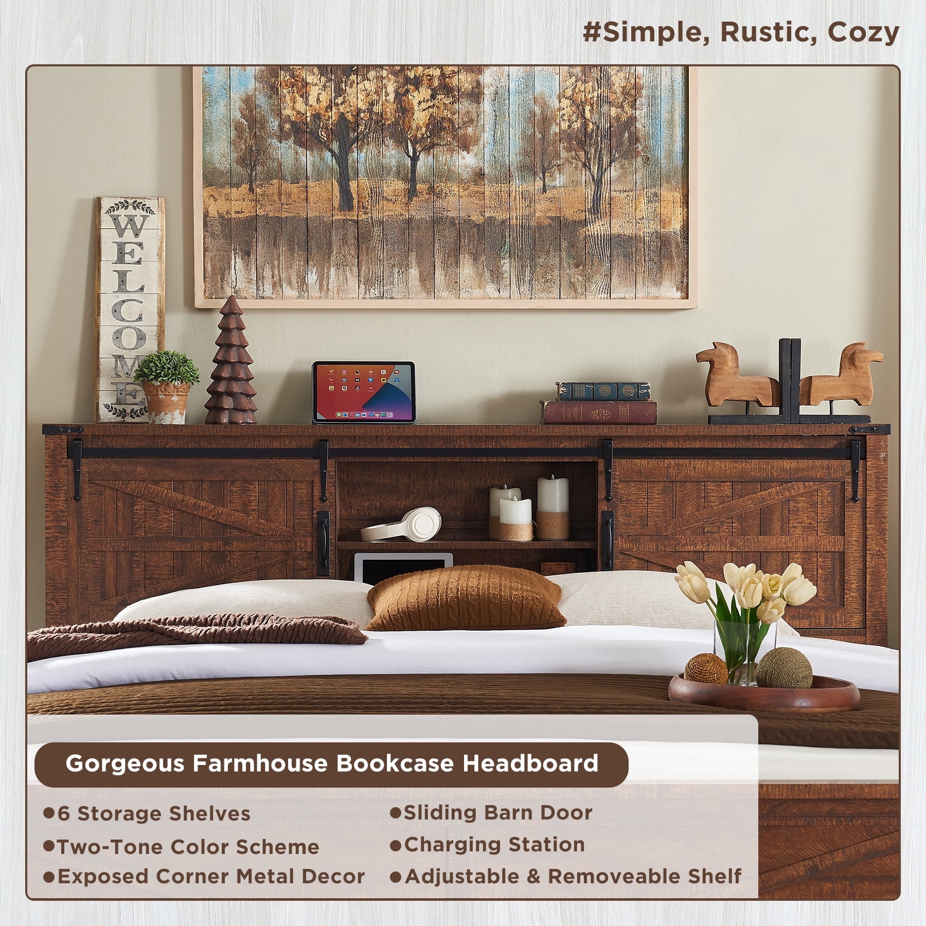 OKD Modern Farmhouse King Platform Bed with Bookcase Headboard Storage and Charging Station, No Box Spring Needed, Reclaimed Barnwood