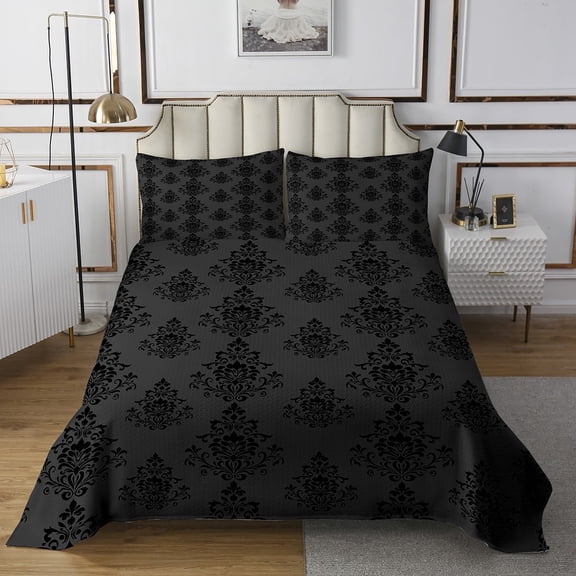Adults Black Damask Quilt Set Black Gothic Floral Bedspread Queen Antique Victorian Baroque Bed Set, Bohemian Exotic Printed Coverlet Set Boho Vintage Flowers Bedding