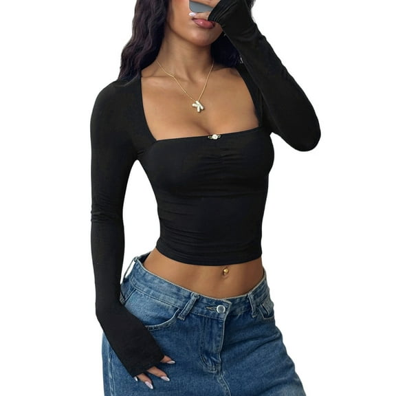 Women'S Square Neck Shirt Long Sleeve Tees Fitted Going Out Tops Black XL