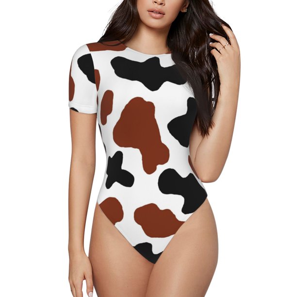 Balery Brown Black Cow Body de cuello redondo de manga corta para mujer Tops de manga corta Tops básicos-Medium