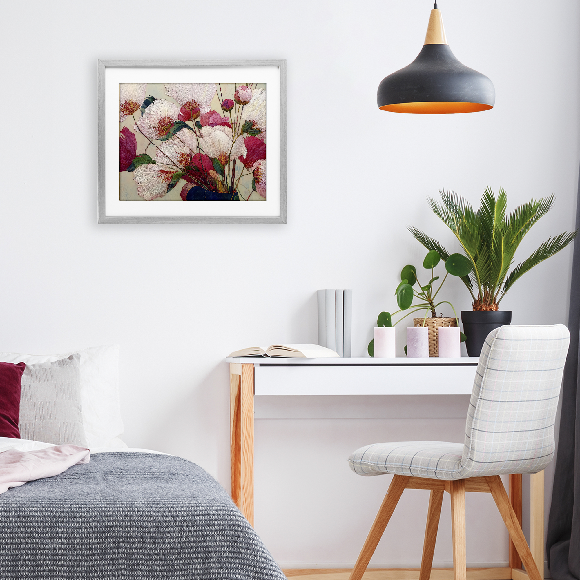 Lush Haiku Pink & White Flowers Gray Framed Print Under Glass, design by Annabelle Hall