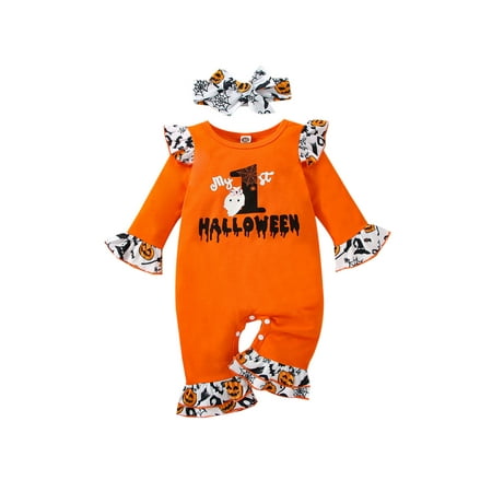 

My First Halloween Baby Girl Outfit Infant Long Sleeve Jumpsuit Ghost Romper Pumpkin Ruffle Onesie Bodysuit with Hairband