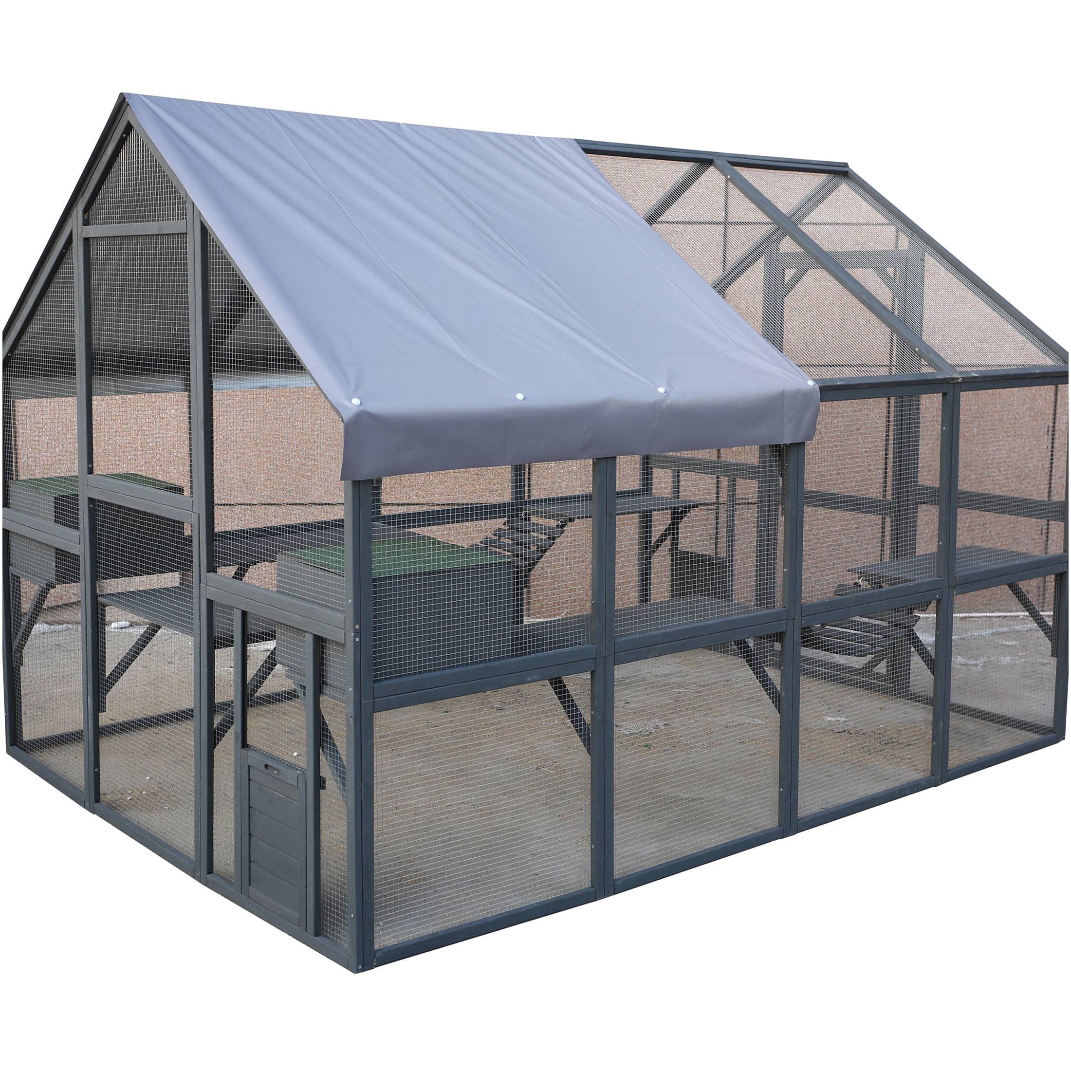 JERFIT Large 110" Outdoor Catio Enclosure with Roof, 2 Bridges & 2 Houses - Gray Wooden Cat Run for Indoor/Outdoor Cats