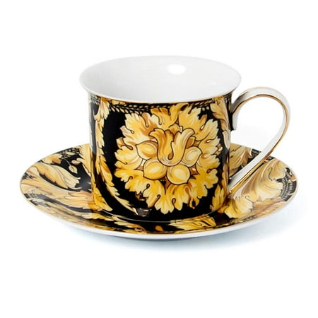 

Euro Porcelain 12-Pc. Tea/Coffee Cup and Saucer Set (7 oz.) 24K Gold-Plated accents Premium Bone China Service for 6 (Floral Black)