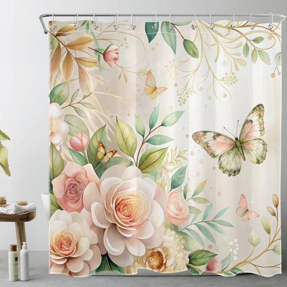 HVEST Watercolor Floral Butterfly Shower Curtain with Rustic Pink Flower Plant Design - Nature Botanical Butterfly Bathroom Decor, Waterproof Polyester Fabric, Includes 12 Hooks, 72x72 Inches