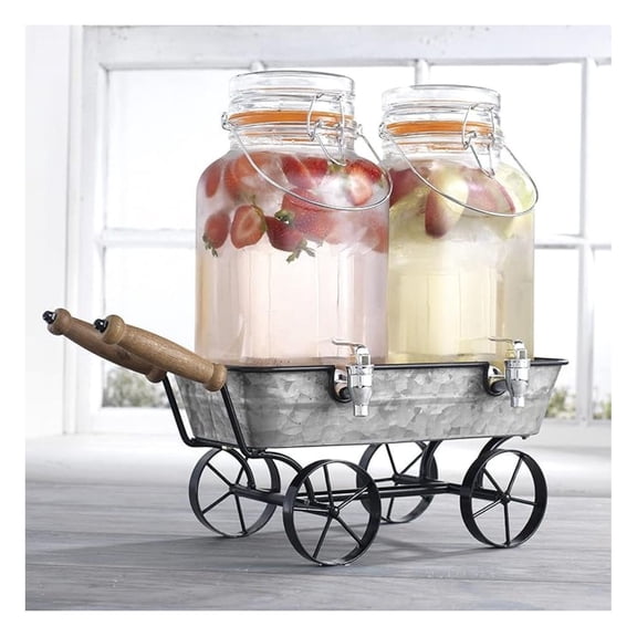 Vintage Wagon Glass Beverage Dispenser with Metal Stand, 2-Pack Drink Dispensers with Wooden Handles, Galvanized Ice Bucket Base for Parties 1 Gallon
